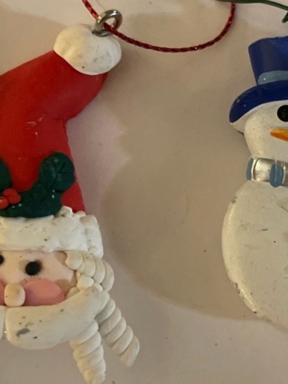 Santa Head And Snowman W/Blue Top Hat Christmas Ornaments